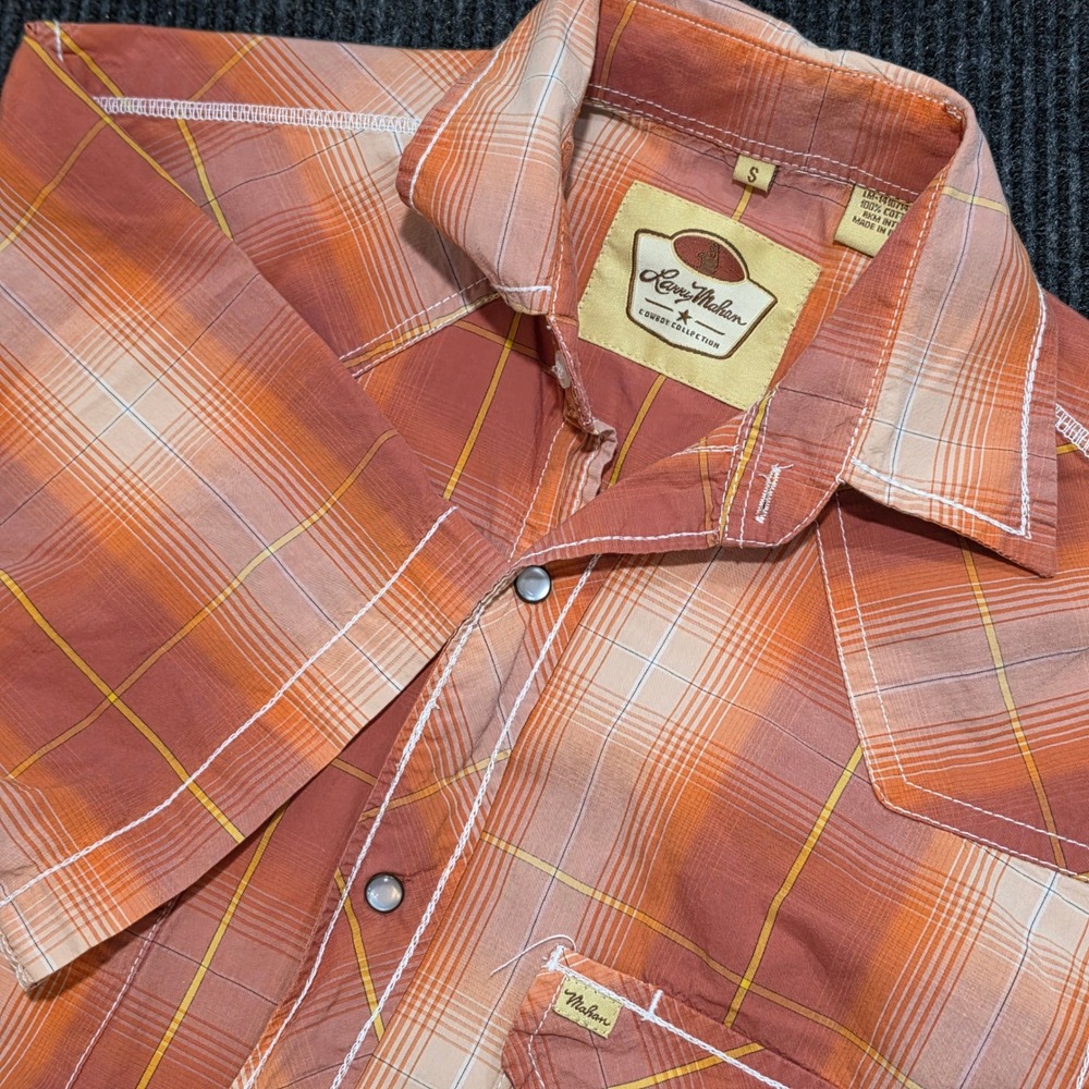 Larry Mahan Western Pearl Snap Shirt Mens Small Orange Plaid Excellent Cowboy